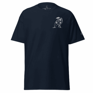 T-shirt – Le plaquage<br>Bleu & Broderie Blanche