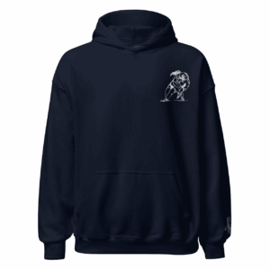 Sweat – Le plaquage<br>Bleu & Broderie Blanche