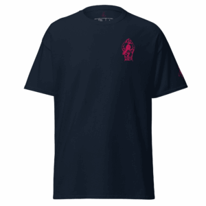T-shirt – Le lancer<br>Bleu & Broderie Rose